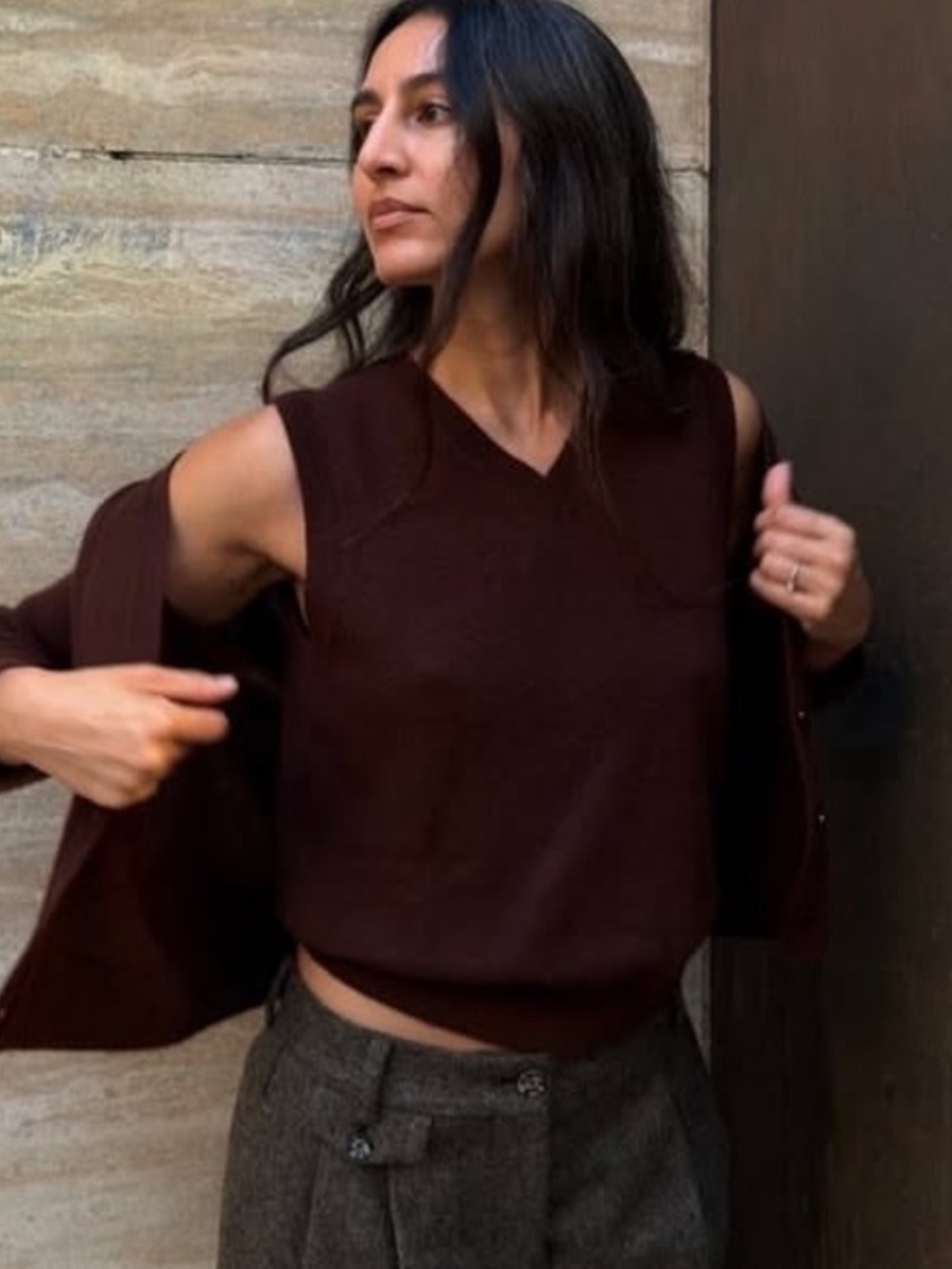 NWT Doen Damia Cashmere High V Neck Knit Sweater Vest Dark Umber Brown XS *